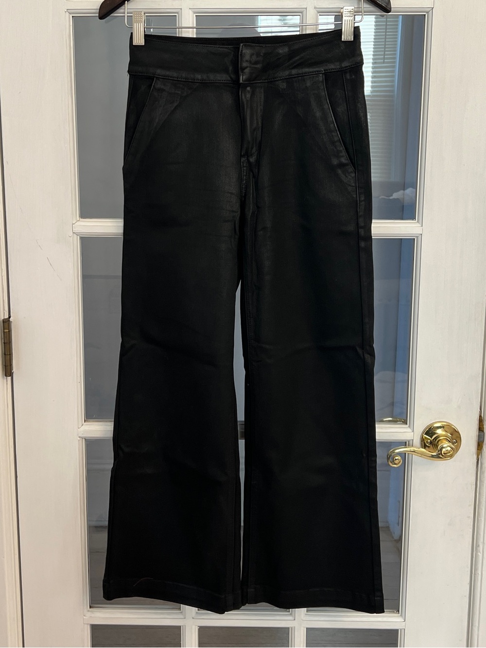 PAIGE Women’s Nellie Black Fog Luxe Coated High Rise Wide Leg Pants 26
